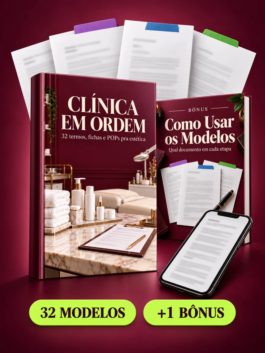 Montagem ilustrativa do Clínica em Ordem: livro com a capa, páginas do material e celular e capas dos bônus