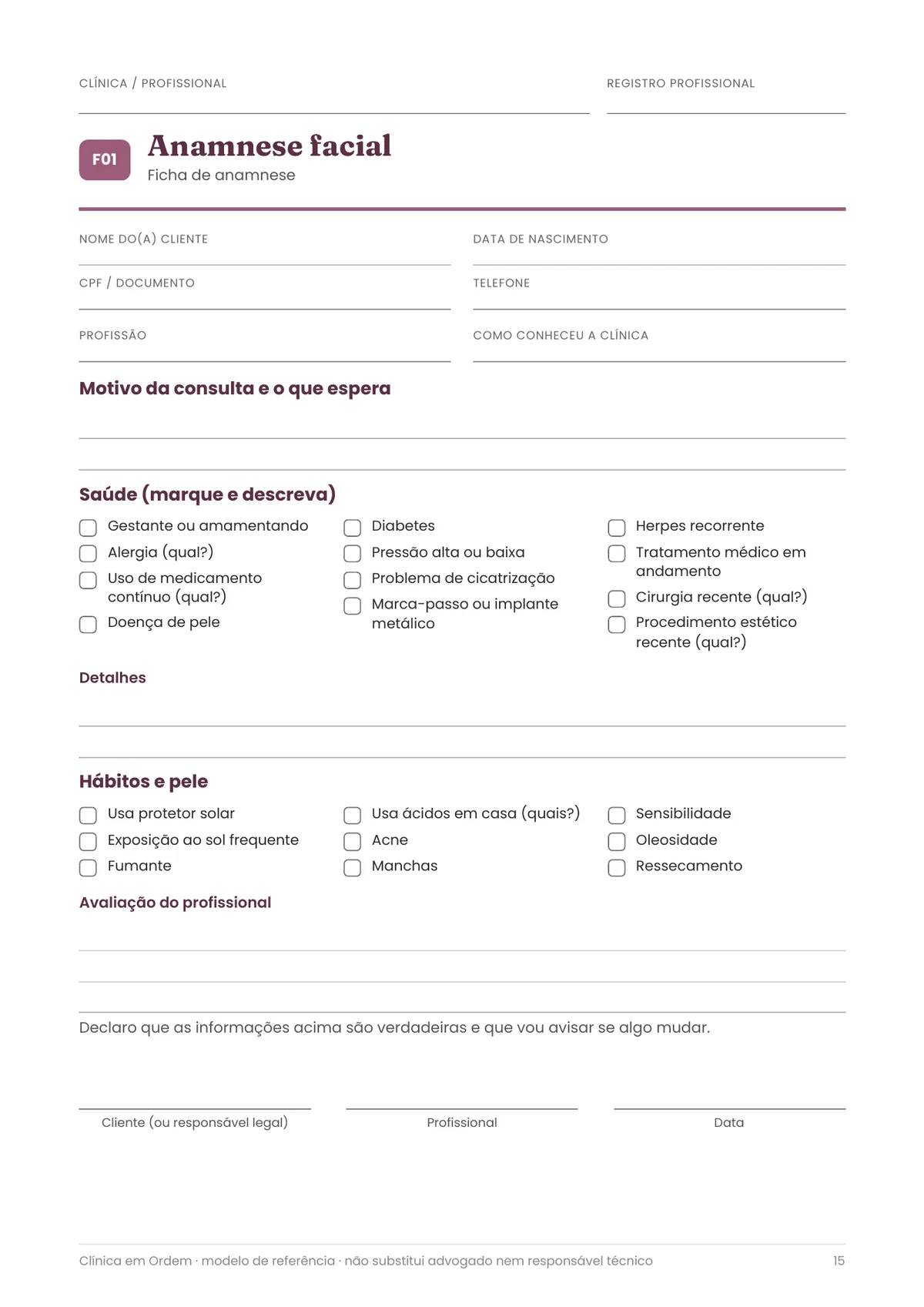 Página real do PDF Clínica em Ordem: ficha de anamnese