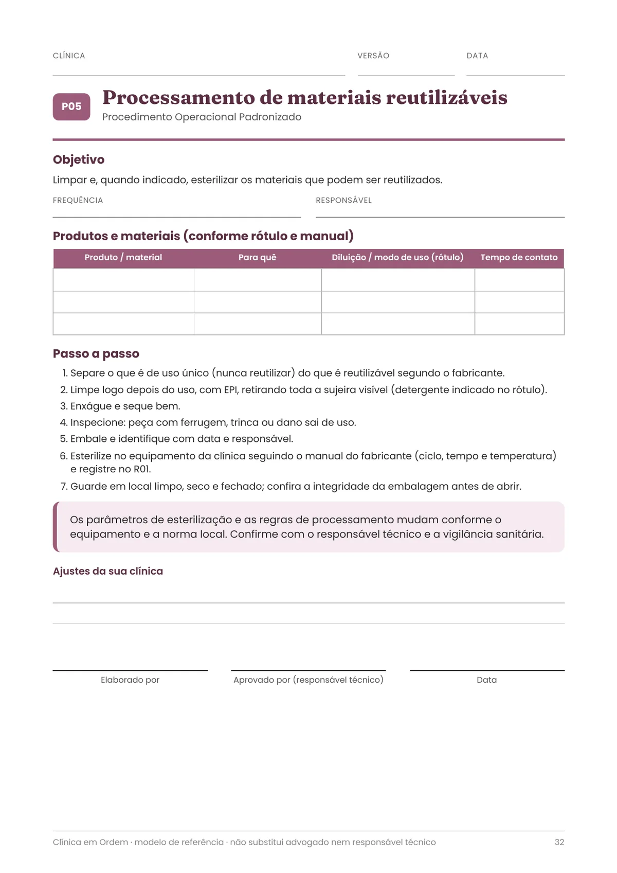 Página real do PDF Clínica em Ordem: POP de materiais reutilizáveis